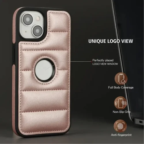 Faux Leather Cover for iPhone 15 14 13 12 11 Pro Max X XS XR 7 8 Plus SE 2020 2022 Logo Hole Puffer Down Jacket Soft Phone Case