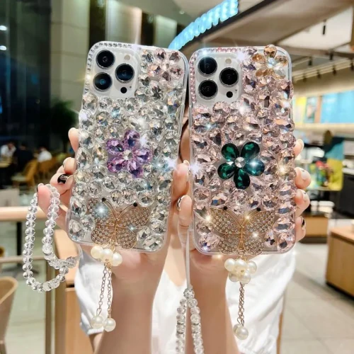 Luxury Flower Crystal Gem Rhinestone Cases For Samsung Galaxy S23Ultra S24 Plus S22 Ultra iPhone 15 14 13 Pro Max Cover