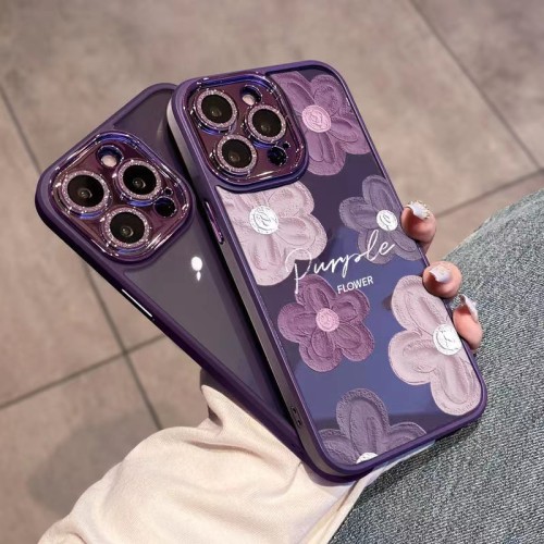 Deep Purple Painting Flower Case For iPhone 15 11 12 13 14 Pro Max Plus Luxury Elegant Glitter Camera Lens Protector Clear Cover