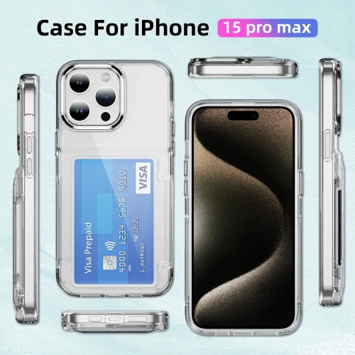 For iPhone 15 Pro Max Plus Wallet Clear Protective Phone Case with Credit Card Holder Shockproof Transparent Cover