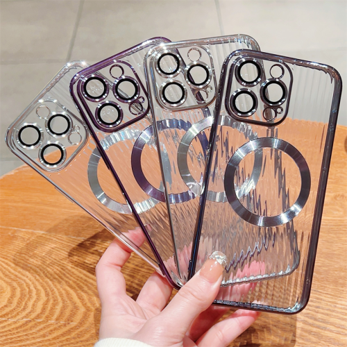 Clear Crystal Stripe Texture Magnetic For Magsafe Plating Case For iPhone 15 14 13 12 11 Pro Max Promax Wireless Charging Cover