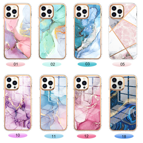 3 in 1 Plated Marble Shiny Phone Case For iPhone 15 Pro Max 15 + 14 Plus 13 Pro 12 11 XS XR SE 2022 8 7 + Hard Glossy TPU Cover