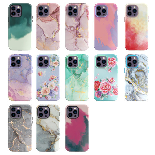 Shockproof Hybrid Triple Layer Floral Marble Case for iPhone 15 Pro Max, 14, 13, 12, Heavy Duty Impact Rugged Hard Phone Cover
