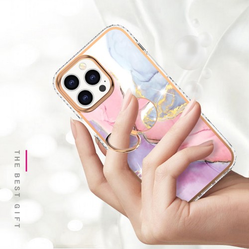 3 in 1 Plated Marble Shiny Ring Phone Case For iPhone 15 Pro Max 15 14 Plus 13 Pro 12 11 XS XR SE 8 7 + Hard Glossy Holder Cover