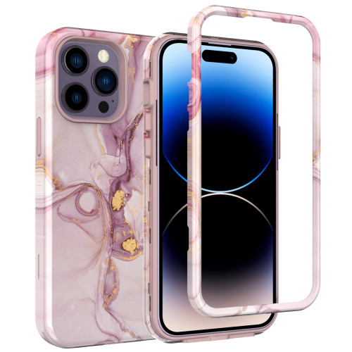 Shockproof Hybrid Triple Layer Floral Marble Case for iPhone 15 Pro Max, 14, 13, 12, Heavy Duty Impact Rugged Hard Phone Cover