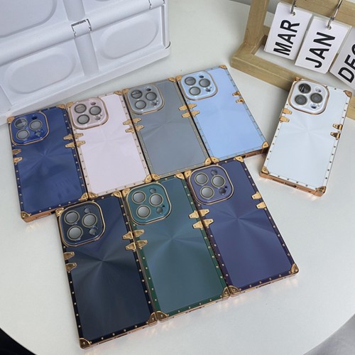 Stylish Aurora Plating Metal Side Lace Pattern Square With Camera Glass Film Cover Case For iPhone 15 14 13 12 Pro Max Plus