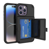 Shockproof Heavy Duty Hidden Card Holder Mirror Case, Three Layer Kickstand Rugged Hard Cover, For iPhone 15 Pro Max 14 12 11 X