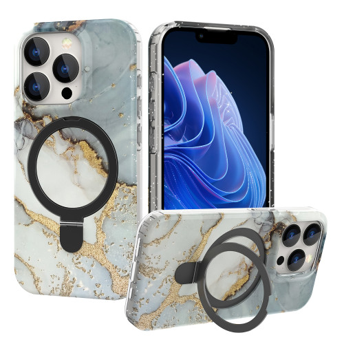 Shockproof Metal Kickstand Phone Cover, Compatible with Magsafe, Stone Marble Design, Soft TPU Case for iPhone 15 Pro Max