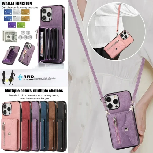Lanyard Leather Zip Wallet Card Phone Case for iPhone 16 15 14 Pro Max 13 12 Mini 11 X XR XS 7 8 Plus SE 2022 Crossbody Flip Cover