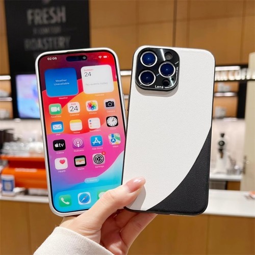 Luxury Dual Color leather pattern phone case for iPhone 15 14 13 12 11 Pro Max Plus metal lens frame shockproof hard back cover