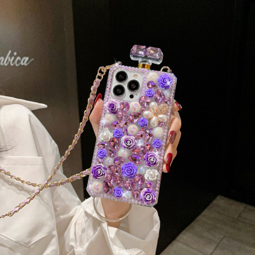 Perfume Flower Pearl Bottle Wrist Phone Case For iPhone  15 12 13 14 11 Pro Max Plus Samsung Galaxy S22 S21 S23 Ultra Note 20