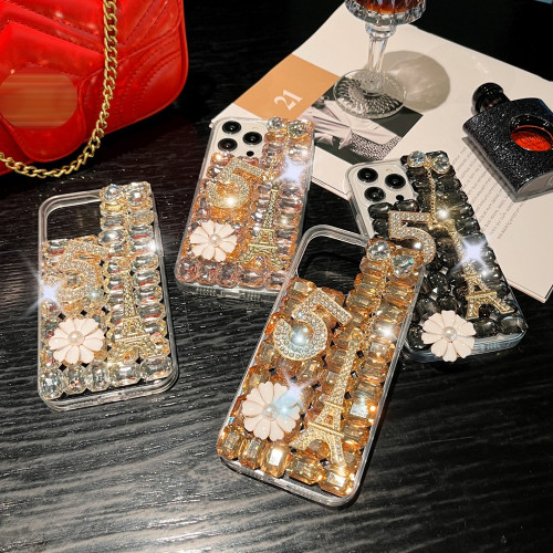 Luxury Bling Diamond Iron Tower Number Phone Cover For iPhone 15 14 Pro Max 13 12 Mini 11 XR XS 7 8 Plus Pearl Flower Clear Case