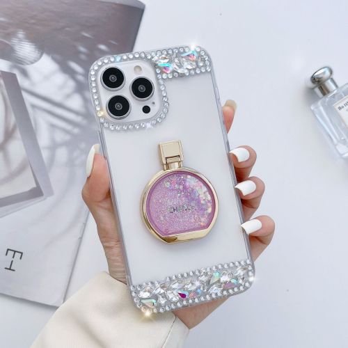 Paillette Quicksand Perfume Bottle Bracket Phone Case For iPhone 15 14 13 12 11 Pro Max X XR XS 8 Plus Bling Crystal Clear Cover