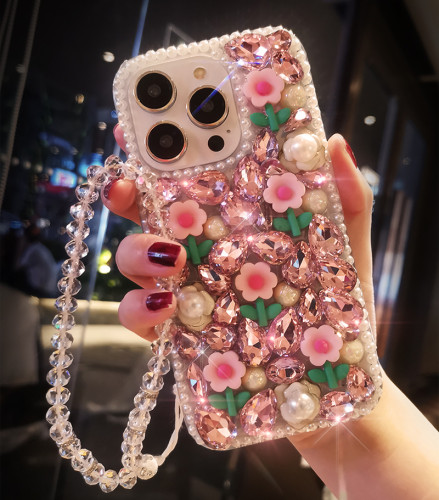 Cute Rhinestone Pearl Flower Phone Case For iPhone 15 14 Pro Max 13 12 Mini 11 X XR XS Glitter Crystal Pink Floral Clear Cover