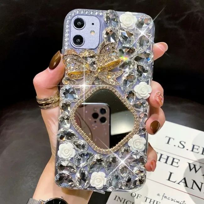 Luxury Diamond Bowknot Flower Bling Crystal Mirror Case Cover For iphone 17 AIR 16  15Pro 14Plus 13 Pro 12 Mini 11Pro MAX XSMAX XR 7 8PLUS