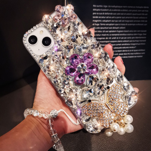 Luxury Pearl Diamond Butterfly Phone Cover For iPhone 15 Pro Max 14 13 12 11 X XS 8 Plus Rhinestone Crystal Flowers Clear Case