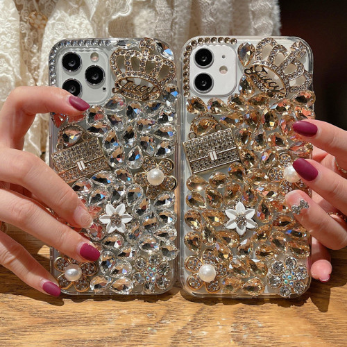 Luxury Bling Diamond Crown Rhinestone Bag Phone Cover For iPhone 15 14 Pro Max 13 12 Mini 11 XR XS 7 8 Plus Pearl Flower Case