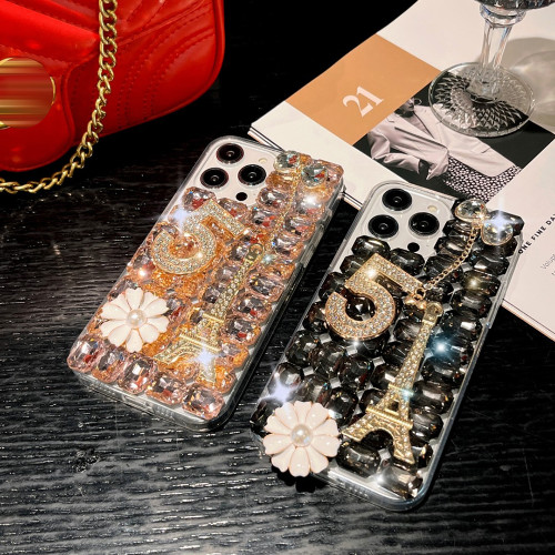 Luxury Bling Diamond Iron Tower Number Phone Cover For iPhone 15 14 Pro Max 13 12 Mini 11 XR XS 7 8 Plus Pearl Flower Clear Case