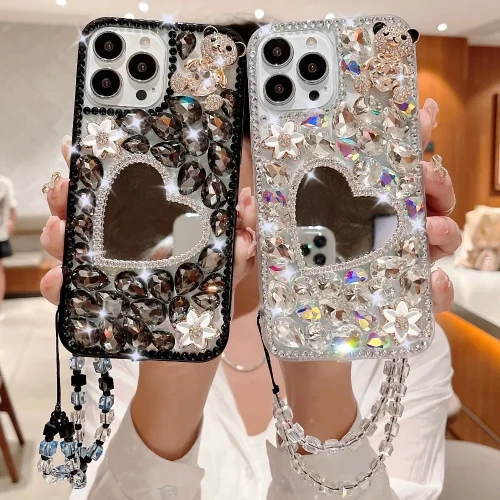 Luxury Bling Diamond Bear Love Mirror Rhinestone Case For iphone 15Pro 14Plus 13 Mini 12 11Pro MAX XSMAX XR 7 8 PLUS Cover