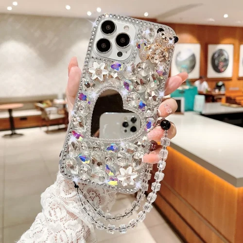 Luxury Bling Diamond Bear Love Mirror Rhinestone Case For iphone 15Pro 14Plus 13 Mini 12 11Pro MAX XSMAX XR 7 8 PLUS Cover