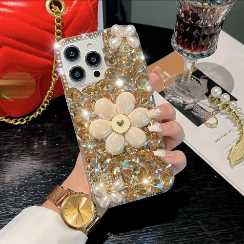 DIY Luxury Rhinestone Diamond Phone Cover For iPhone 15 14 Pro Max 13 12 Mini 11 XR XS 7 8 Plus Cute Bead Flower Holder Case