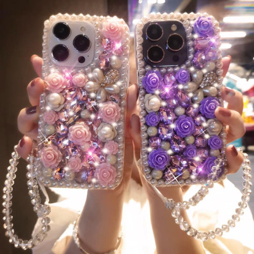 Luxury Rhinestone Pearl Flowers Phone Cover For iPhone 15 14 Pro Max 13 12 Mini 11 XR XS 8 Glitter Crystal 3D Floral Clear Case
