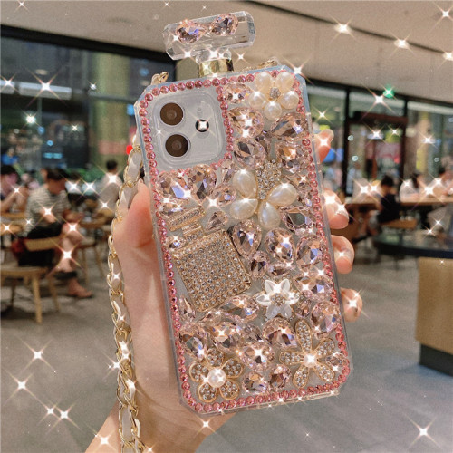 Crossbody Rhinestone Perfume Bottle Shape Phone Cover For iPhone 15 14 Pro Max 13 12 11 XR XS 8 Plus Pearl Crystal Flowers Case