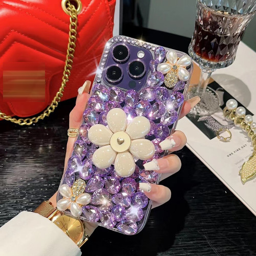 DIY Luxury Rhinestone Diamond Phone Cover For iPhone 15 14 Pro Max 13 12 Mini 11 XR XS 7 8 Plus Cute Bead Flower Holder Case