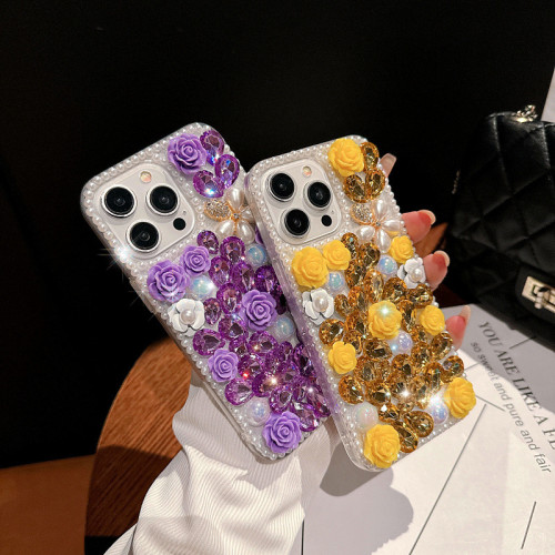 Luxury Water Drop Crystal Pearl Floweer Phone Cover For iPhone 15 14 Pro Max 13 12 11 XR XS 7 8 Plus Cute Colorful Floral Case