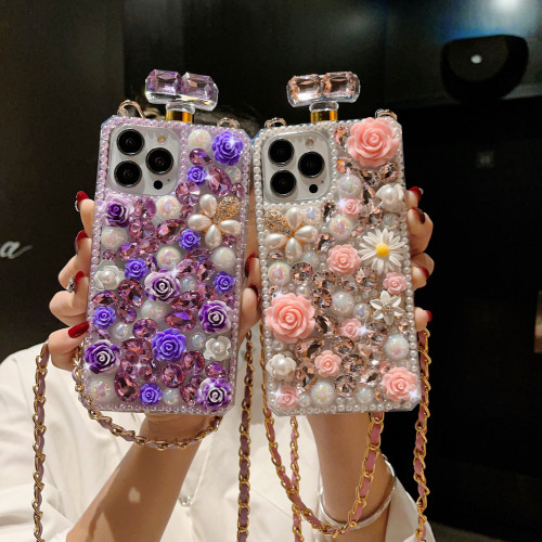 Perfume Flower Pearl Bottle Wrist Phone Case For iPhone  15 12 13 14 11 Pro Max Plus Samsung Galaxy S22 S21 S23 Ultra Note 20