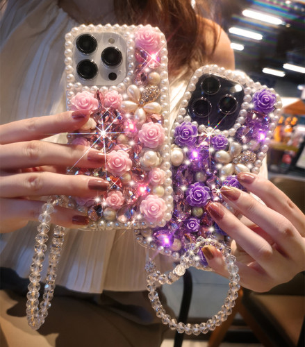 Luxury Rhinestone Pearl Flowers Phone Cover For iPhone 15 14 Pro Max 13 12 Mini 11 XR XS 8 Glitter Crystal 3D Floral Clear Case