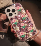 Cute Rhinestone Pearl Flower Phone Case For iPhone  17 Air 16 15 14 Pro Max 13 12 Mini 11 X XR XS Glitter Crystal Pink Floral Clear Cover