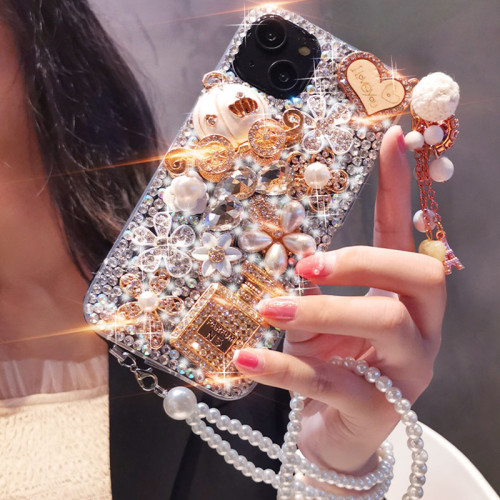 Rhinestone pumpkin cart Perfume Bottle Phone Cover For iPhone 15 14 Pro Max 13 12 11 X XR XS 7 8 Plus Pearl Crystal Flowers Case