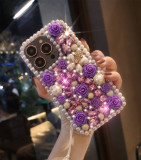 Luxury Rhinestone Pearl Flowers Phone Cover For iPhone 15 14 Pro Max 13 12 Mini 11 XR XS 8 Glitter Crystal 3D Floral Clear Case