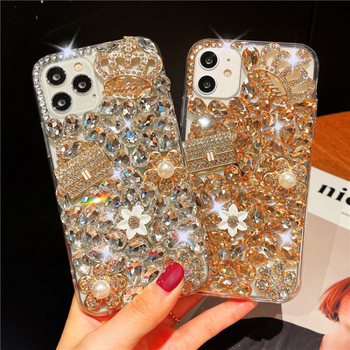 Luxury Bling Diamond Crown Rhinestone Bag Phone Cover For iPhone 15 14 Pro Max 13 12 Mini 11 XR XS 7 8 Plus Pearl Flower Case