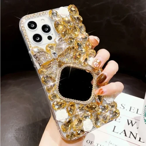 Luxury Diamond Bowknot Flower Bling Crystal Mirror Case Cover For iphone 15Pro 14Plus 13 Pro 12 Mini 11Pro MAX XSMAX XR 7 8PLUS