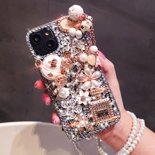 Rhinestone pumpkin cart Perfume Bottle Phone Cover For iPhone 15 14 Pro Max 13 12 11 X XR XS 7 8 Plus Pearl Crystal Flowers Case