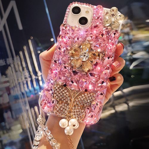 Luxury Pearl Diamond Butterfly Phone Cover For iPhone 15 Pro Max 14 13 12 11 X XS 8 Plus Rhinestone Crystal Flowers Clear Case