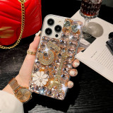 Luxury Bling Diamond Iron Tower Number Phone Cover For iPhone 15 14 Pro Max 13 12 Mini 11 XR XS 7 8 Plus Pearl Flower Clear Case