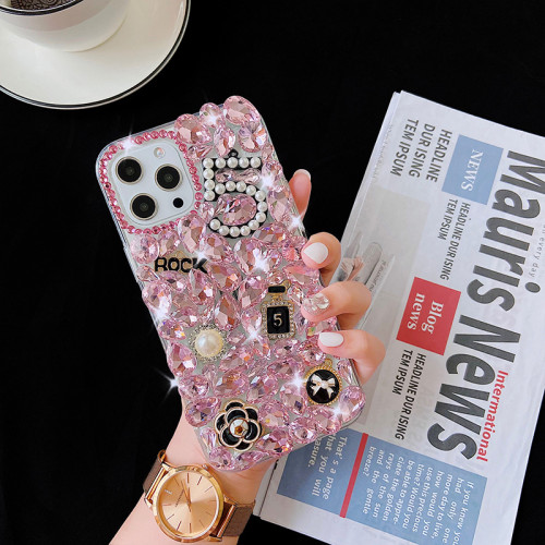 Diamond Rhinestone Flower Case, Luxury Bling Phone Case, Pearl Crystal, for iPhone 15Plus, 14Pro, 11, 12, 13 Pro MAX