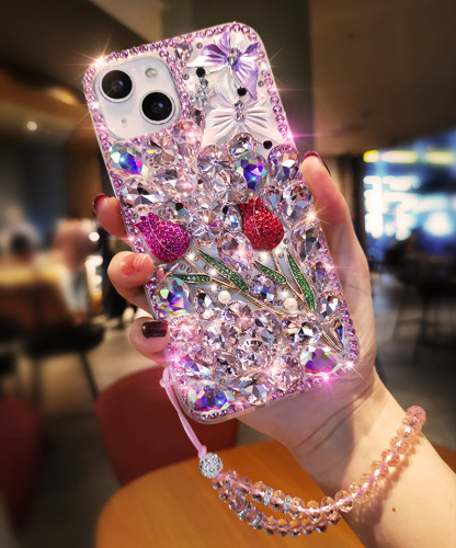 Luxury Rhinestone Tulip Flower Phone Cover For iPhone 15 14 Pro Max 13 12 11 X XR XS 8 Plus Cute Diamond Butterfly Crystal Case