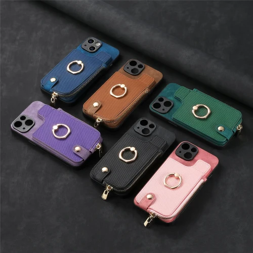 Solid Color Card Holder Wallet Case For iPhone 15 14 13 12 Mini 11 Pro Max X XS MAX XR 7 8 Plus Leather Finger Ring Stand Cover
