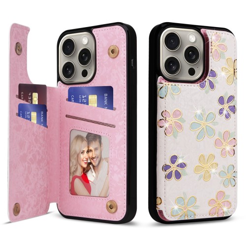 Hot Stamped Floral Pattern Double Buckle Card Slots Wallet Case for iPhone 11 12 13 14 15 Pro Max 15 Plus XR 7 8 Plus Flip Cover