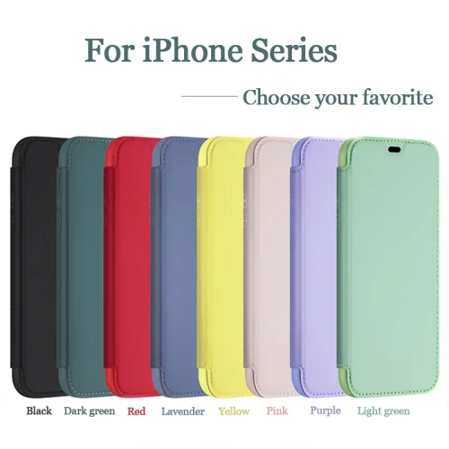 Flip Leather Liquid Silicone Case For iphone 14 12 13 11 15 Pro Max X XR XS 8 7 Plus SE 2020 Lens Protection Cards Book Cover