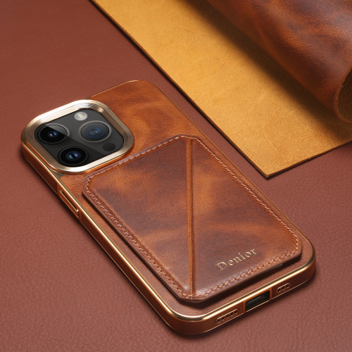 Luxury Cowhide Leather Card Holder Phone Case For iPhone 15 14 13 12 Pro Max Plus Magnetic Wallet Plating Shell Shockproof Cover