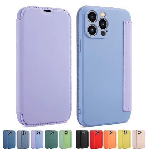 Flip Leather Liquid Silicone Case For iphone 14 12 13 11 15 Pro Max X XR XS 8 7 Plus SE 2020 Lens Protection Cards Book Cover