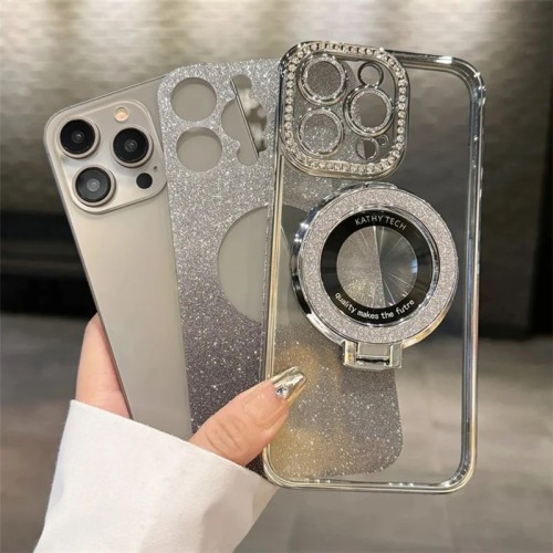 Luxury Plating For Magsafe Magnetic Stand Holder Glitter Diamond Case For iPhone 15 11 12 13 14 Pro Max Plus Soft Silicone Cover