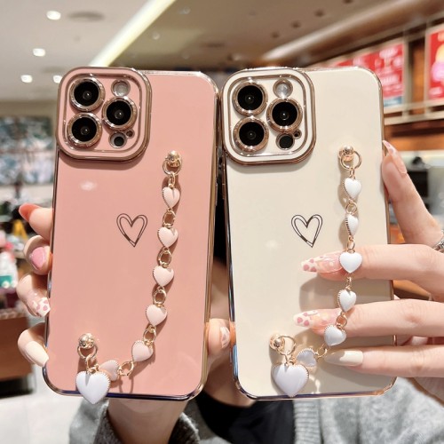Soft Electroplated Love Heart Case For iPhone 11 12 13 14 15 Pro Max XS X XR 7 8 Plus SE 2020 Bracelet Bumper Back Cover