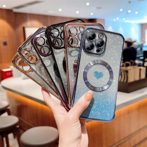 Electroplate Clear Soft TPU Case for iPhone 15 14 13 12 11 Pro Max Wireless Charging Magnetic Magsafes Cover Glitter Heart Paper