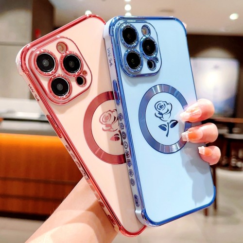 Luxury Magsafe Wireless Charge rose Flower Phone Case For iPhone 11 12 13 14 15 Pro Max Plus Soft Magnetic Bumper Silicone Cover